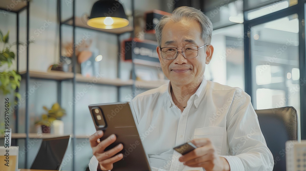 Smiling senior man using a smartphone and holding a credit card in a cafe. Smiling senior man using a smartphone and holding a credit card in a cafe.