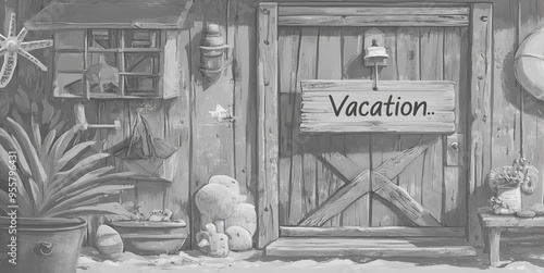 Black and White Illustration of a Vacation Home With a Wooden Door photo