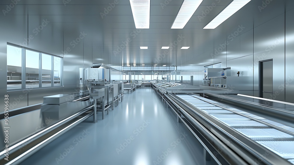 Fototapeta premium High-Tech Food Processing Factory with Pristine Stainless Steel Equipment and Efficient Operations