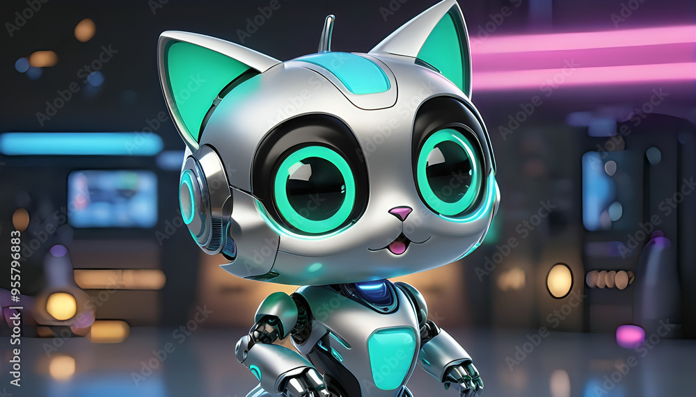 Stylish silver robot cat with glowing blue-green eyes in a futuristic world, calm pose with neon glow Stylish silver robot cat with glowing blue-green eyes in a futuristic world, calm pose with neon glow