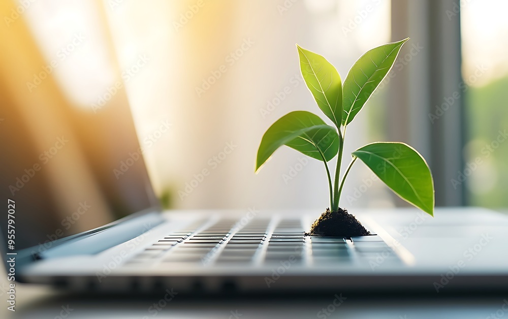 Laptop with Growing Plant Symbolizing the Integration of Technology and Sustainability in Business Laptop with Growing Plant Symbolizing the Integration of Technology and Sustainability in Business