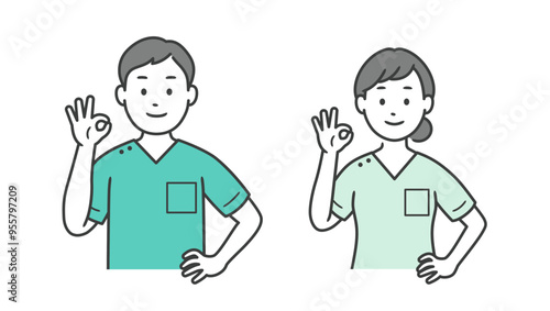 OKポーズをして腰に手を当てる歯科医男女の上半身イラスト