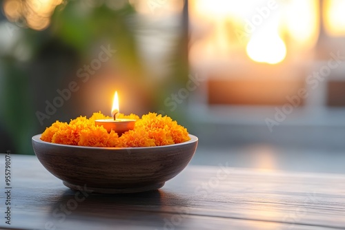 Traditional Indian background with diya lamp on podium and marigold flowers. Hindu Puja. Festival Vishu celebration. Template with copy space for holiday Ugadi, Gudi Padwa, Diwali or Day of the Dead