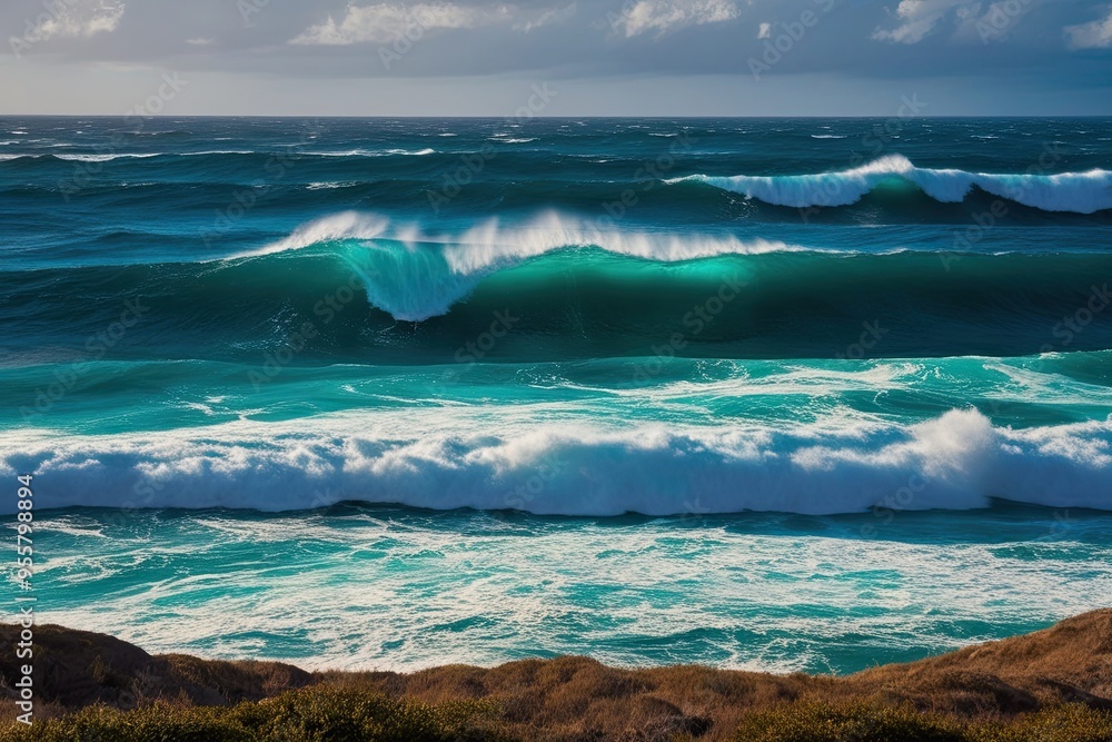 Fototapeta premium Dynamic Imagery of Rolling Waves and Blue Ocean Surrounded by Powerful Splashes