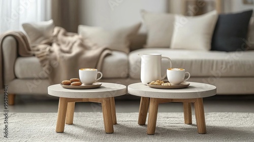 Wallpaper Mural Cozy scene of relaxed coffee break. Minimalist, round coffee table, small cup of espresso. White ceramic pitcher and a rectangular plate with selection of cookies Torontodigital.ca