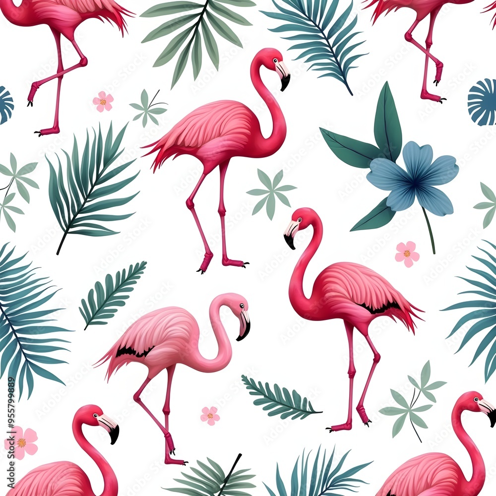 Obraz premium Flamengo and tropical leaf patterns background. Generative ai