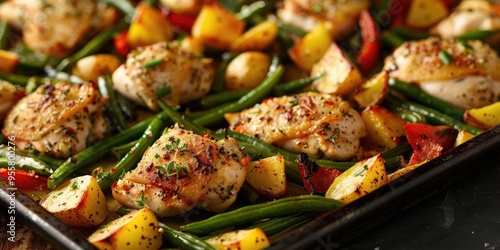 3 4 angle view of sheet pan with seasoned white meat chicken crispy potatoes roasted green beans and red bell pepper chunks photo