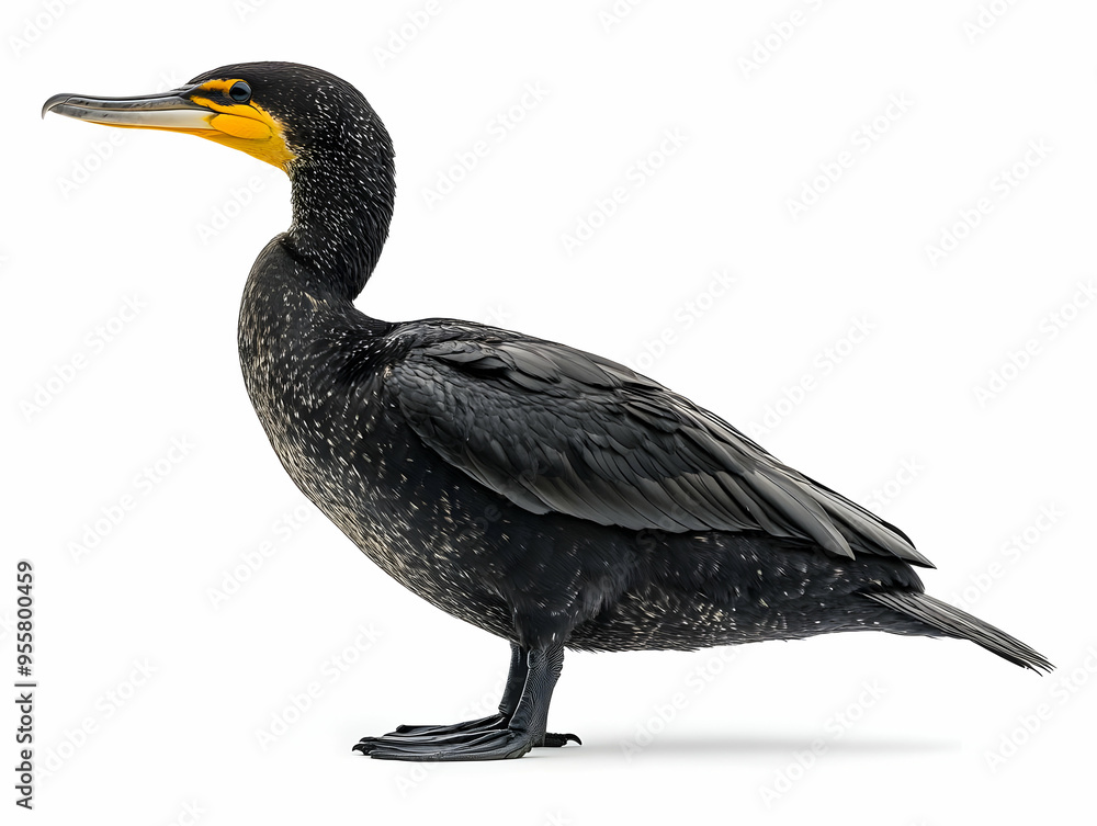 A side view of a striking black cormorant showcasing its glossy feathers and distinctive yellow throat, perfect for bird enthusiasts. A side view of a striking black cormorant showcasing its glossy feathers and distinctive yellow throat, perfect for bird enthusiasts.