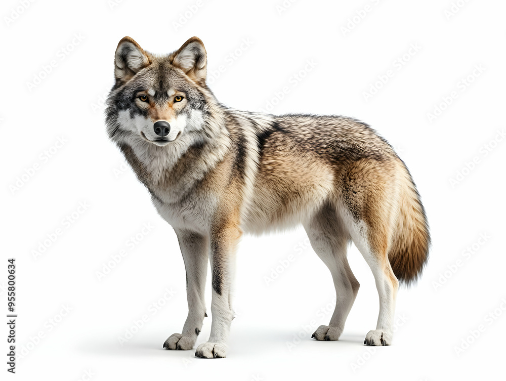 Fototapeta premium A majestic wolf stands confidently, showcasing its natural beauty and keen expression against a white background.