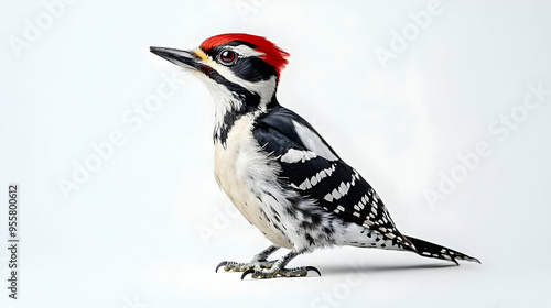 A striking woodpecker showcasing its vibrant red crest and unique plumage, perched elegantly against a clean background. photo