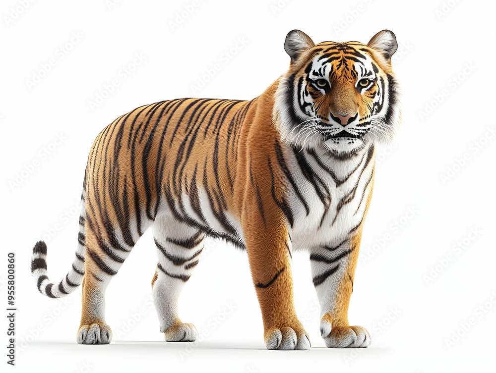 Obraz premium A majestic tiger stands proudly, showcasing its vibrant orange fur and striking black stripes in a stunning, isolated setting.