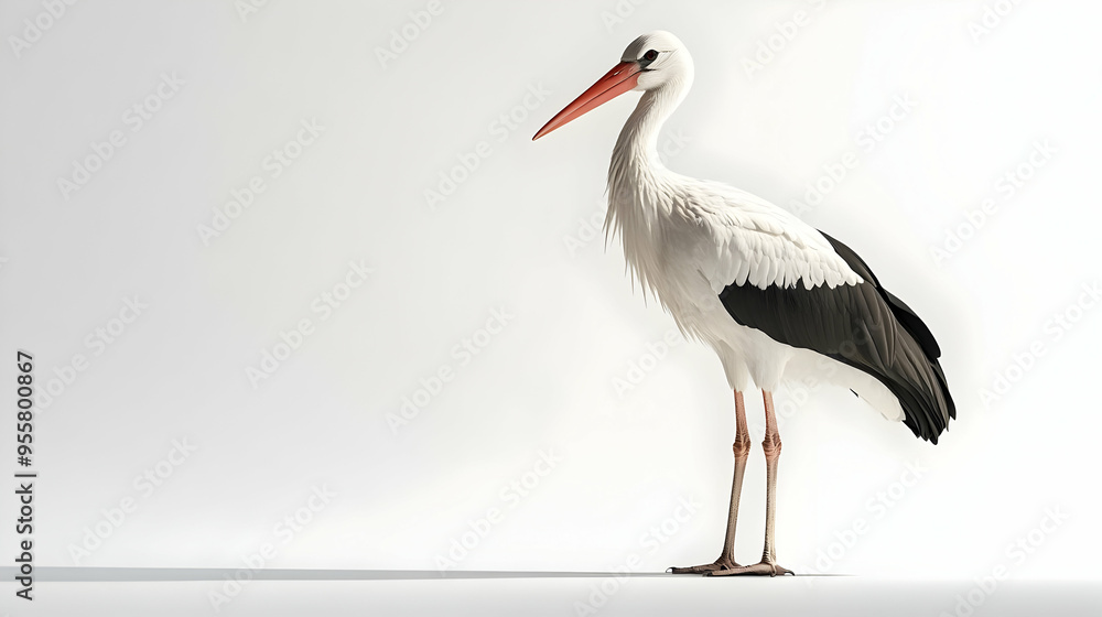 Fototapeta premium A majestic stork standing gracefully against a white background, capturing the elegance and beauty of nature.