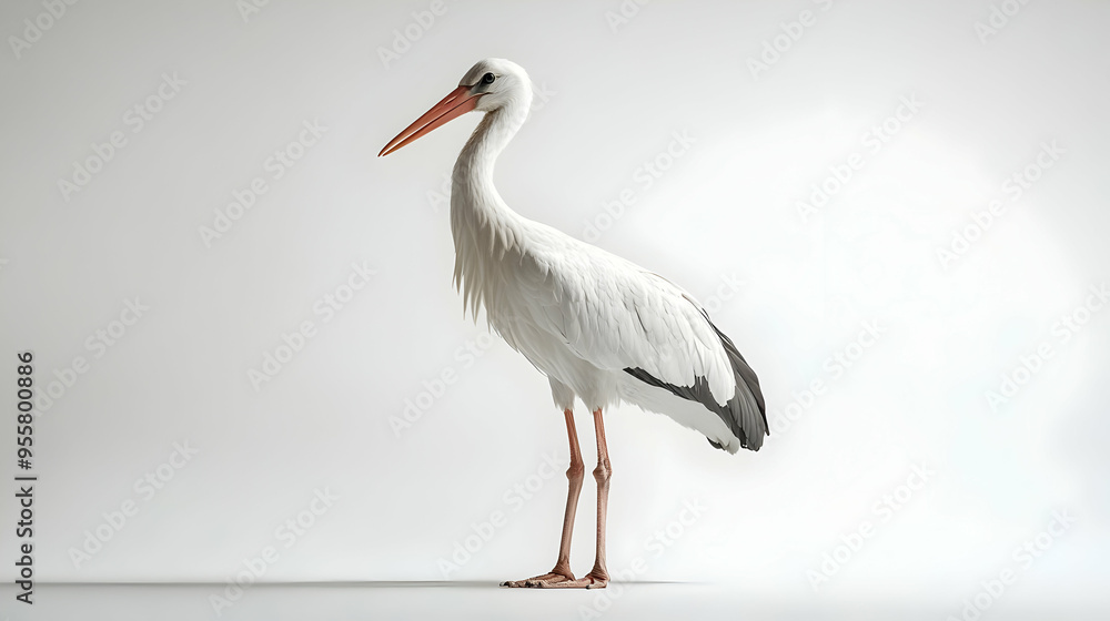 Fototapeta premium A majestic white stork stands gracefully against a minimalistic background, showcasing its elegant features and stunning plumage.