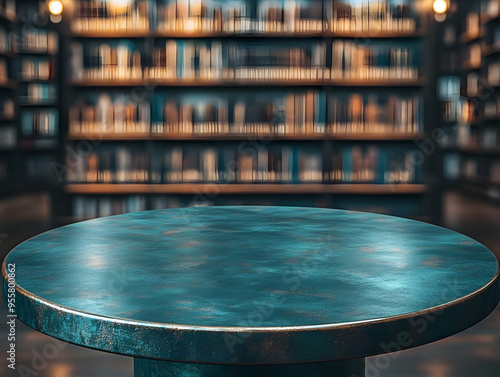 A close-up view of a smooth circular table in a serene library setting filled with shelves of books in the background. photo