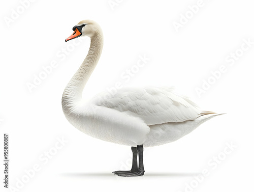 Fototapeta Naklejka Na Ścianę i Meble -  Elegant swan standing gracefully, showcasing its pristine feathers and striking orange beak against a minimalist background.