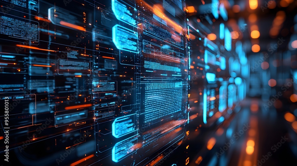Futuristic digital interface with glowing blue and orange data streams. Futuristic digital interface with glowing blue and orange data streams.