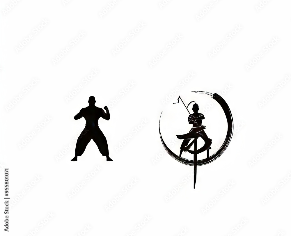 Silhouetted figures in a dynamic martial arts pose and traditional stance. Silhouetted figures in a dynamic martial arts pose and traditional stance.