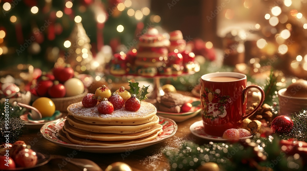 scene of a Christmas morning breakfast with pancakes, fruit, and hot cocoa, surrounded by holiday decorations and festive tableware. scene of a Christmas morning breakfast with pancakes, fruit, and hot cocoa, surrounded by holiday decorations and festive tableware.