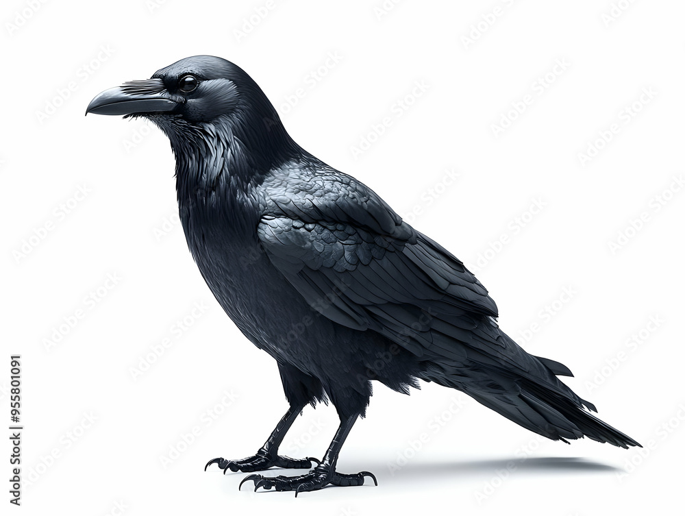 A striking black raven with glossy feathers, showcasing its sharp beak and keen eyes against a clean white background. A striking black raven with glossy feathers, showcasing its sharp beak and keen eyes against a clean white background.