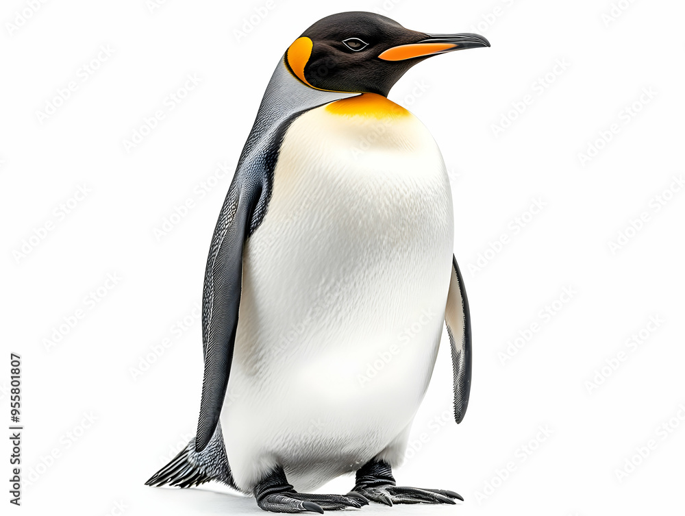 Naklejka premium A majestic penguin standing gracefully, showcasing its unique colors and charming personality against a clean white backdrop.