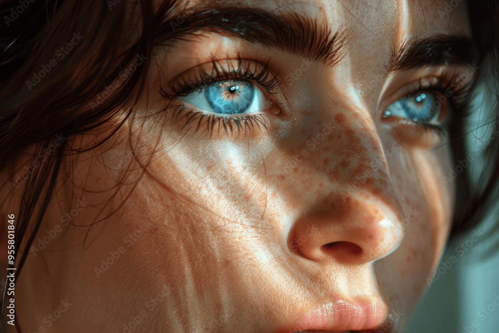Close Up Of Woman's Blue Eyes And Freckles With Sunlight Close Up Of Woman's Blue Eyes And Freckles With Sunlight