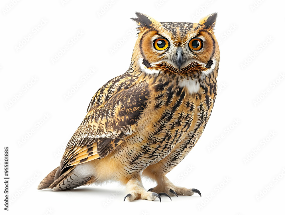Naklejka premium A majestic owl standing proudly, showcasing its intricate feathers and captivating eyes against a white background.