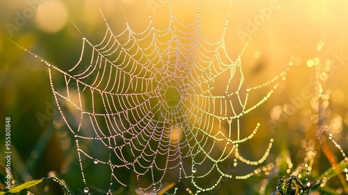 dew-covered spiderwebs glistening in the morning sun, with delicate droplets showcasing the intricate and delicate aspects of nature