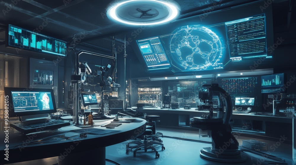 A futuristic research facility with advanced scientific equipment and data visualization tools, illustrating the role of technology in pushing the boundaries of knowledge. A futuristic research facility with advanced scientific equipment and data visualization tools, illustrating the role of technology in pushing the boundaries of knowledge.