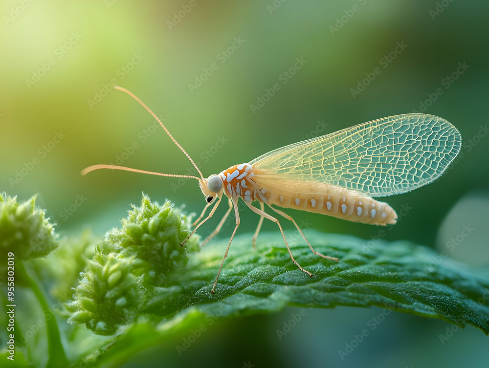 Close-up view of a delicate insect perched on a leaf, showcasing intricate details and natural greenery in a serene environment. Close-up view of a delicate insect perched on a leaf, showcasing intricate details and natural greenery in a serene environment.