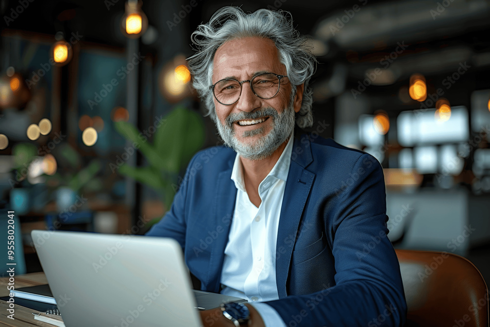 Older Man With Gray Hair And Beard Wearing Glasses And Blue Suit Smiling At Desk With Laptop In Modern Office Older Man With Gray Hair And Beard Wearing Glasses And Blue Suit Smiling At Desk With Laptop In Modern Office
