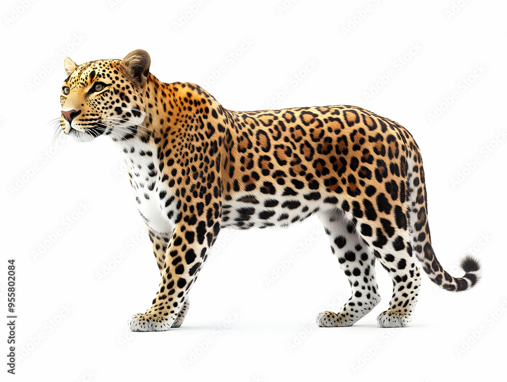 A majestic leopard stands gracefully against a white background, showcasing its beautiful spotted coat and powerful physique. A majestic leopard stands gracefully against a white background, showcasing its beautiful spotted coat and powerful physique.