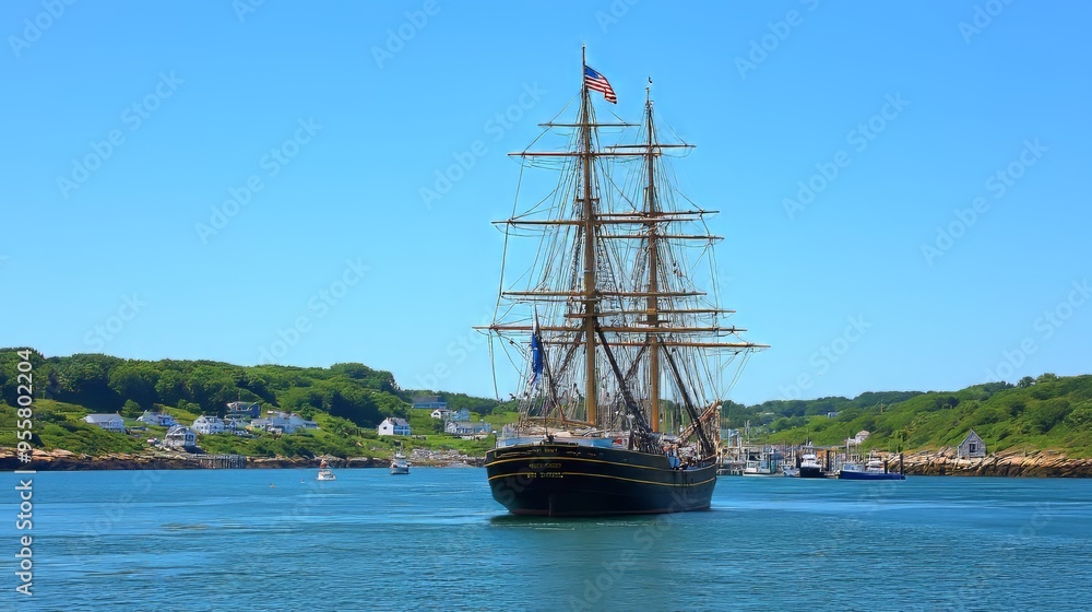 A majestic tall ship sails through calm waters on a clear sunny day. A majestic tall ship sails through calm waters on a clear sunny day.