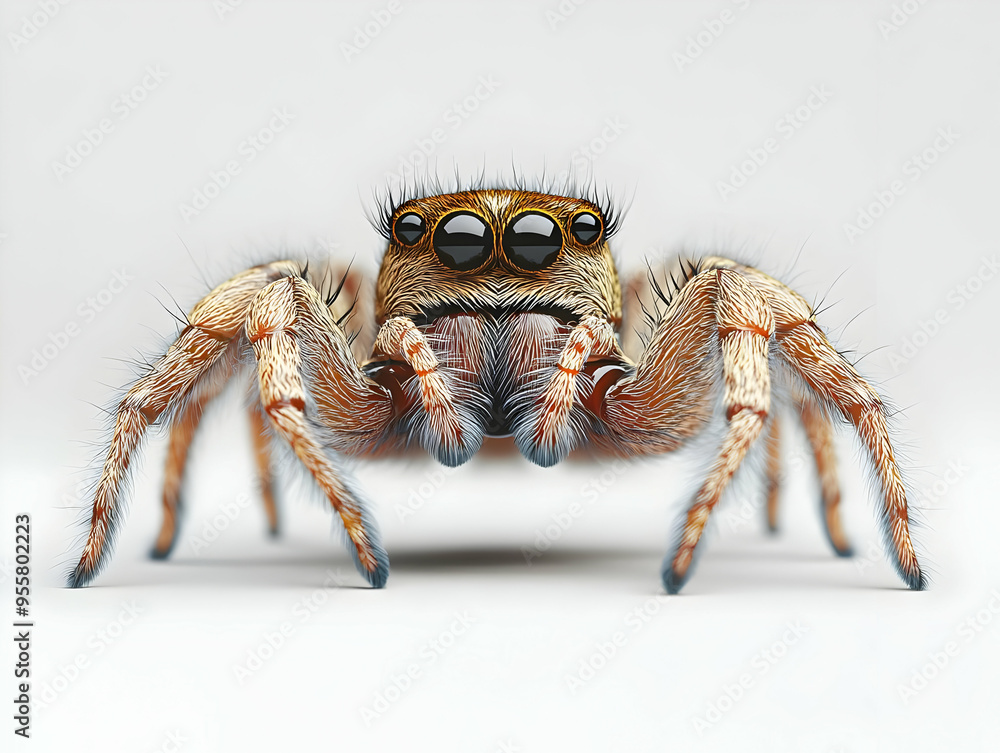 Close-up image of a spider showcasing its intricate features and stunning eyes against a plain background. Close-up image of a spider showcasing its intricate features and stunning eyes against a plain background.