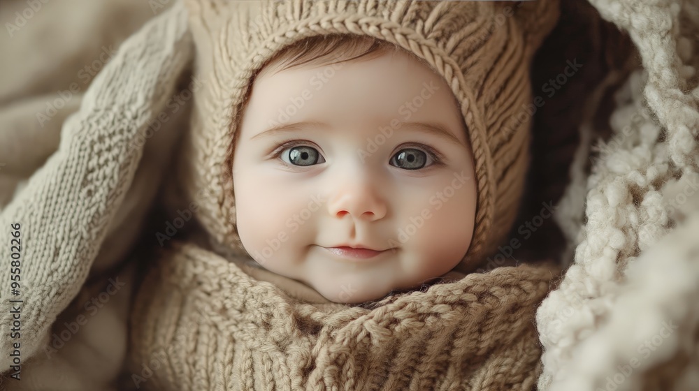 A heartwarming photograph of a baby in a soft, knitted outfit, capturing their cuteness and the cozy comfort of being dressed in warm, handmade clothing. A heartwarming photograph of a baby in a soft, knitted outfit, capturing their cuteness and the cozy comfort of being dressed in warm, handmade clothing.