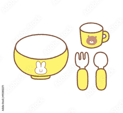 手書き風の子ども用の食器のイラスト　セット