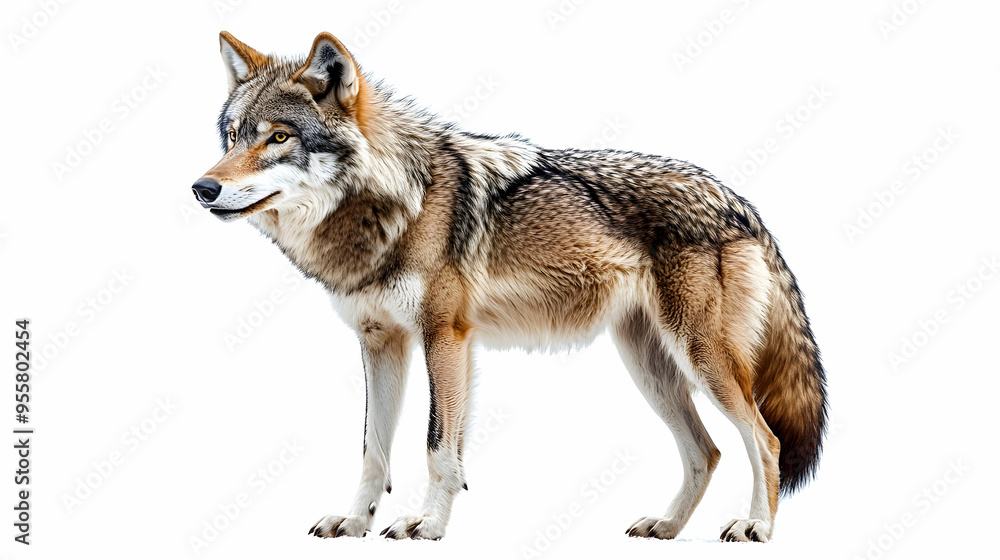 Obraz premium A majestic wolf standing elegantly, showcasing its striking fur and keen expression, embodying the spirit of the wild.