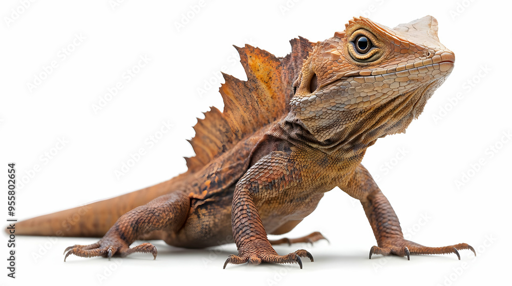 Fototapeta premium A detailed view of a bearded dragon showcasing its unique scales and posture against a clean white background.
