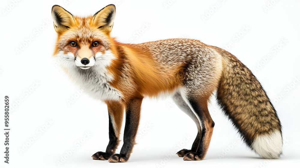Fototapeta premium A beautiful, detailed image of a red fox standing gracefully against a white background, showcasing its stunning fur and keen eyes.
