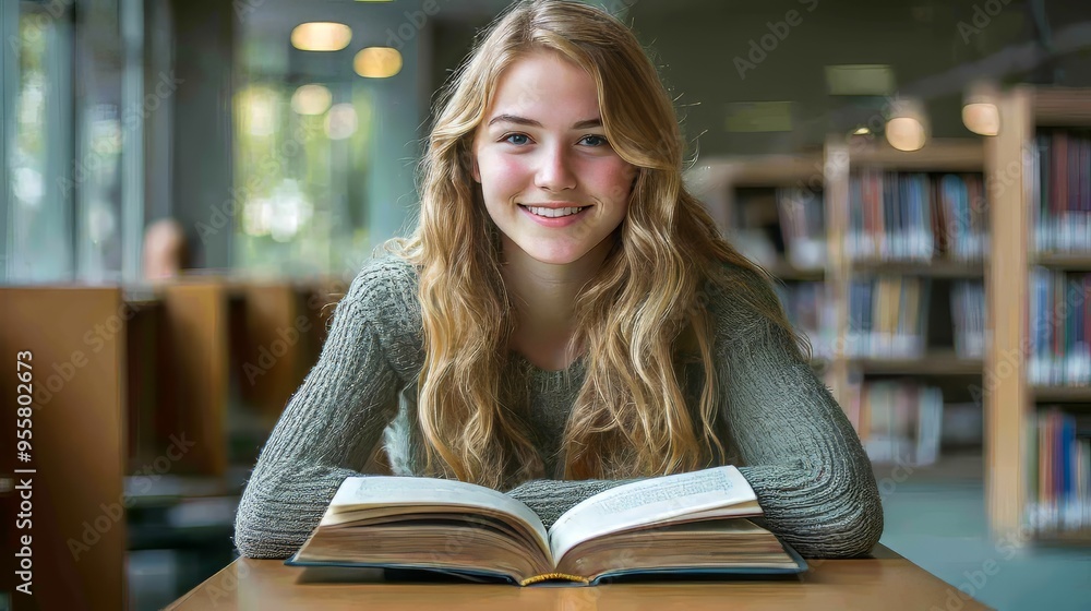 Smiling young woman studying in a library, surrounded by books and natural light. Smiling young woman studying in a library, surrounded by books and natural light.
