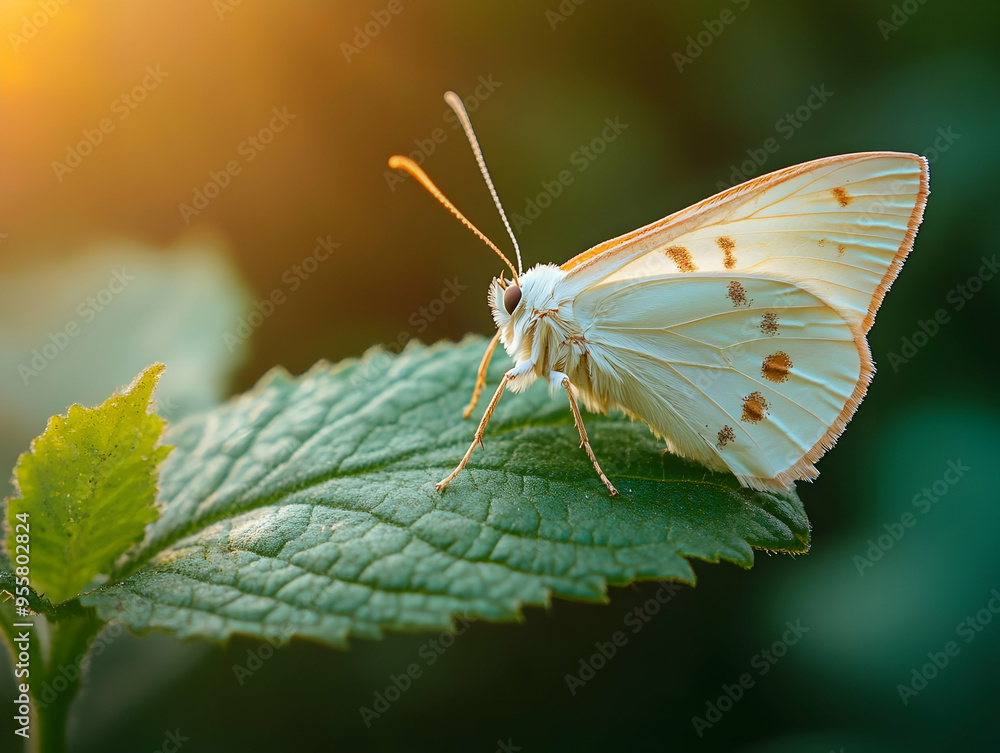 A delicate white butterfly perched on a green leaf, basking in the warm sunlight, showcasing the beauty of nature. A delicate white butterfly perched on a green leaf, basking in the warm sunlight, showcasing the beauty of nature.