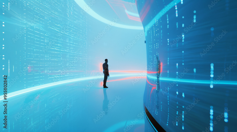 3D person standing in hall room with data walls futuristic glow digital space cyberpunk vr technology abstract blue white background 3D person standing in hall room with data walls futuristic glow digital space cyberpunk vr technology abstract blue white background