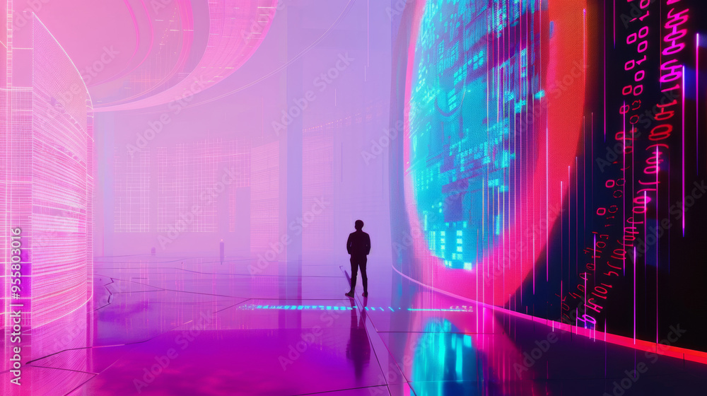 3D person silhouette standing in empty virtual space with walls of holographic projections of digital code and data circle door futuristic cyberpunk vr technology purple pink purple blue background 3D person silhouette standing in empty virtual space with walls of holographic projections of digital code and data circle door futuristic cyberpunk vr technology purple pink purple blue background