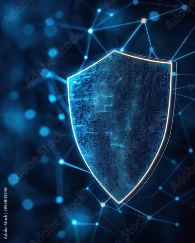 A digital shield symbolizing cyber protection and security in a connected network, showcasing innovation and technology.