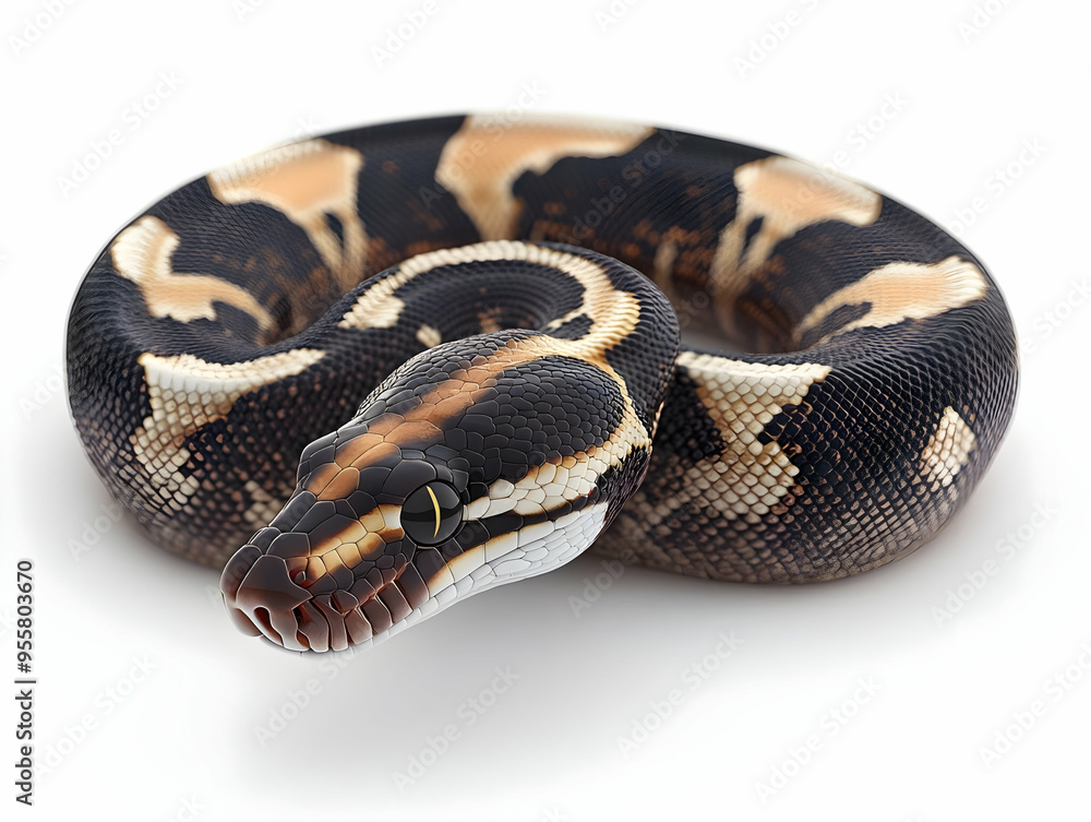 Obraz premium A beautiful ball python resting in a coiled position, showcasing its striking pattern and colors.