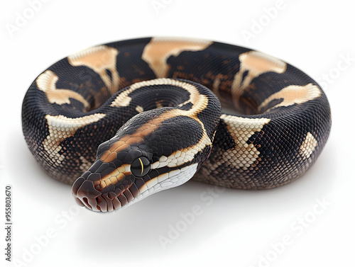 A beautiful ball python resting in a coiled position, showcasing its striking pattern and colors.