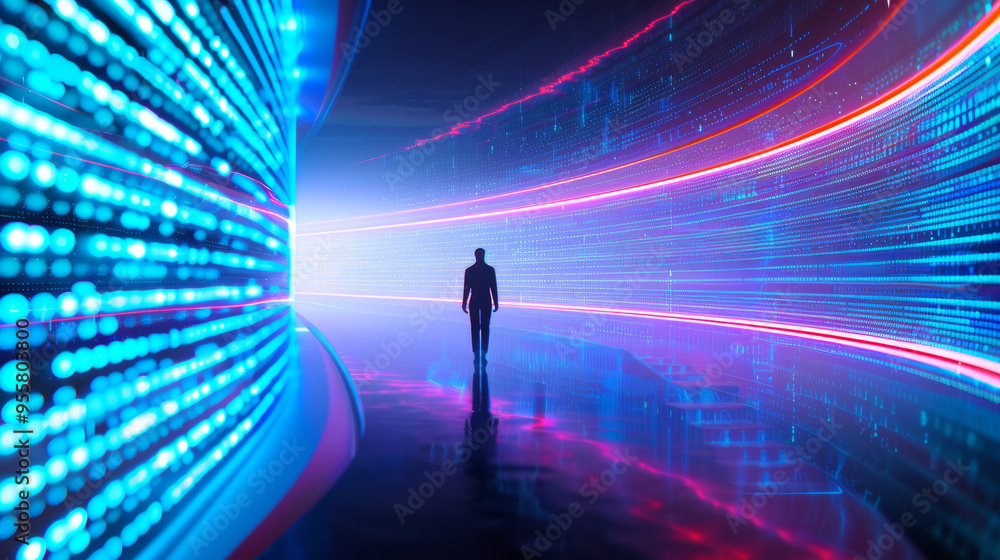 3D person silhouette standing in empty virtual space with walls of holographic projections of digital code and data light beams futuristic cyberpunk vr technology blue red neon background 3D person silhouette standing in empty virtual space with walls of holographic projections of digital code and data light beams futuristic cyberpunk vr technology blue red neon background