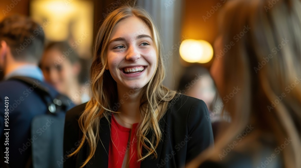 Young Professional Woman Smiling at Networking Event in Business Attire Young Professional Woman Smiling at Networking Event in Business Attire