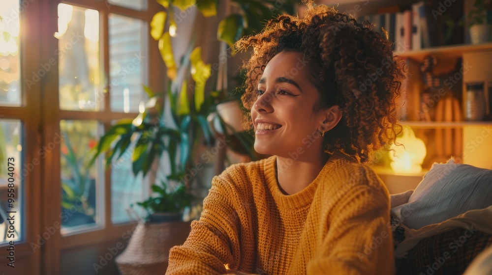 Woman Enjoying a Cozy Evening at Home with Warm Lighting and Indoor Plants Woman Enjoying a Cozy Evening at Home with Warm Lighting and Indoor Plants