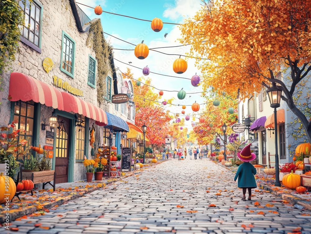 Fototapeta premium A retro Halloween festival in a small town square, children in 1970s costumes trickortreating among festively decorated stalls and lanterns