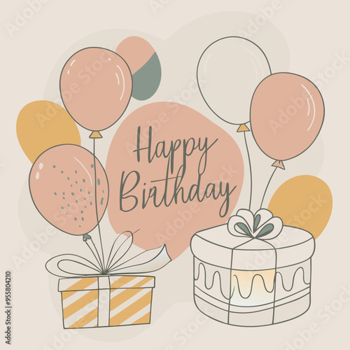 Happy Birthday Celebration Illustration with Balloons, Gifts, and Cake